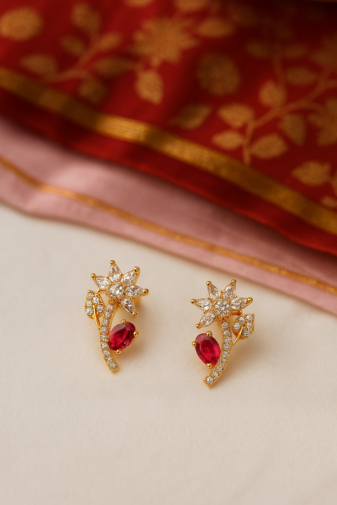 Emerald Petal Studs: Highlights the RED stone and the floral shape.