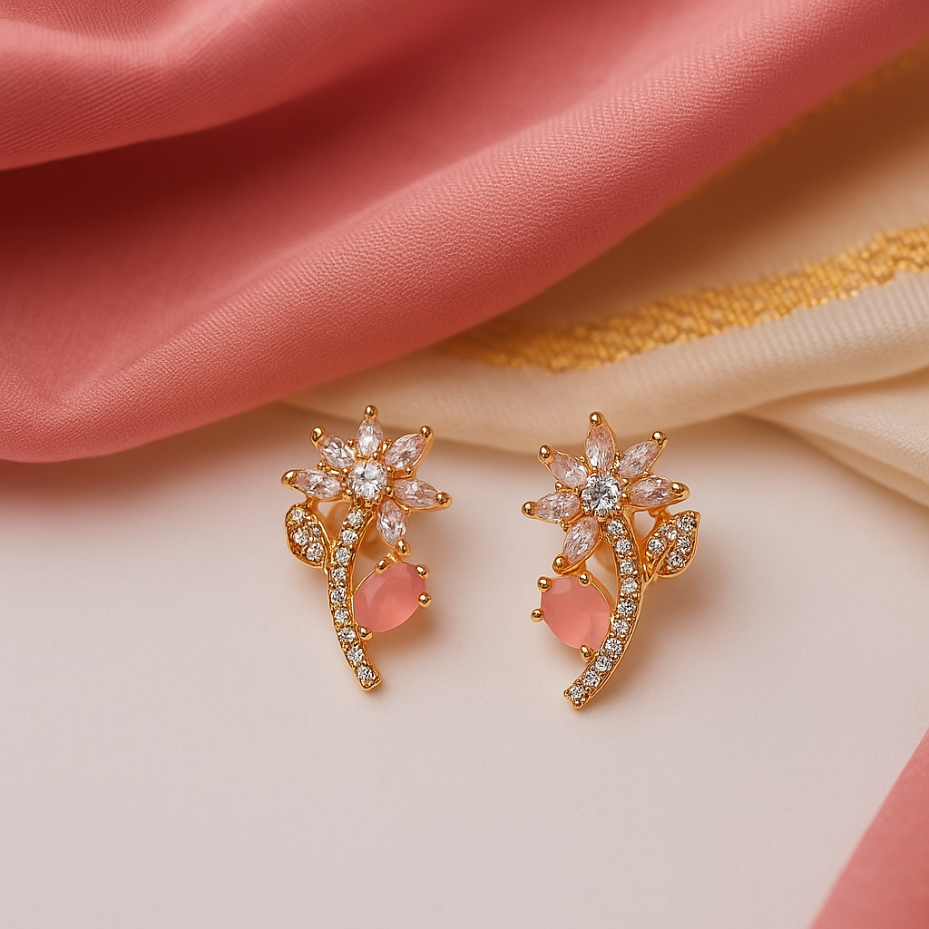 Emerald Petal Studs: Highlights the Pink stone and the floral shape.