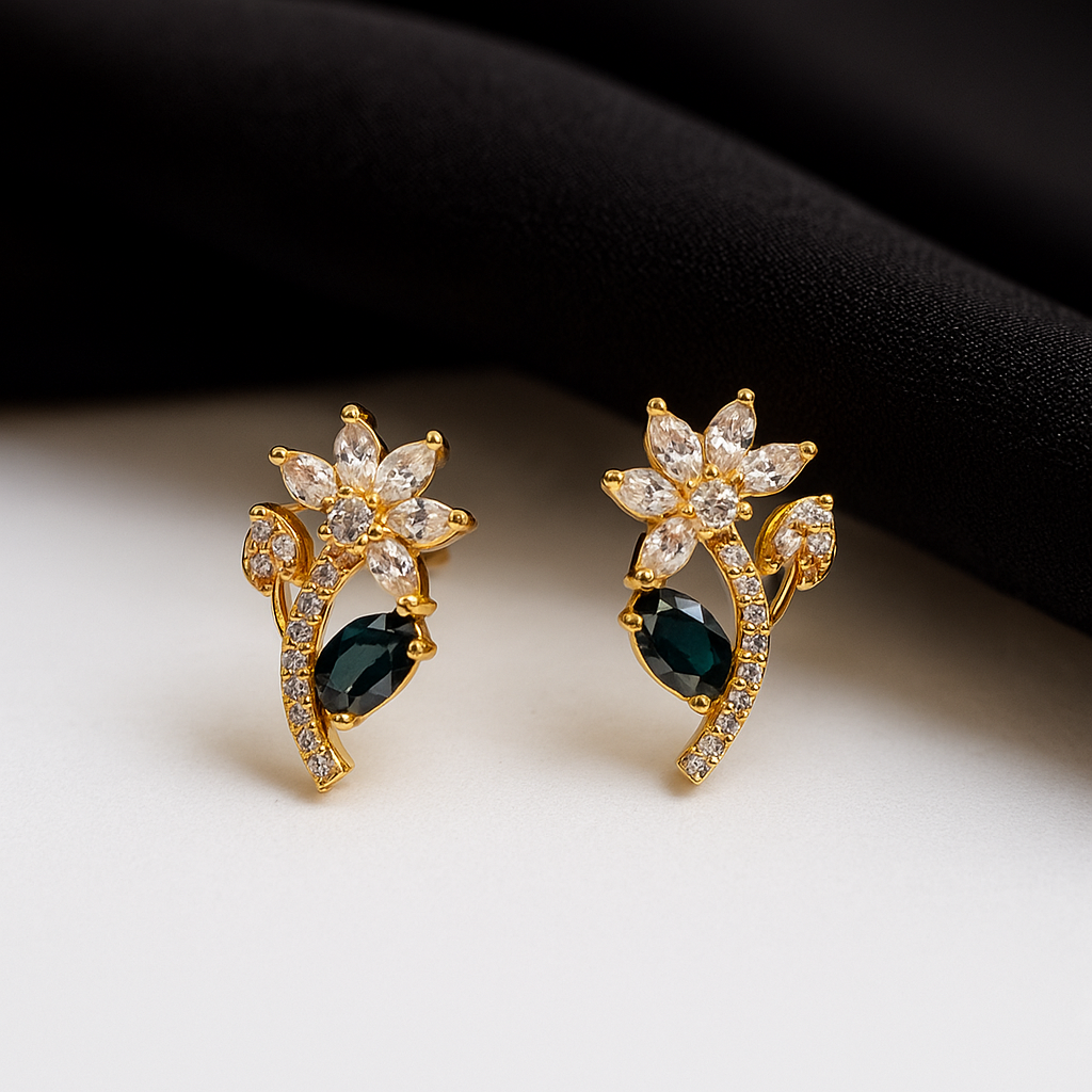 Emerald Petal Studs: Highlights the Black  stone and the floral shape.
